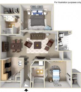 Floor plan for 2 beds, 2 baths, 1077 sqft